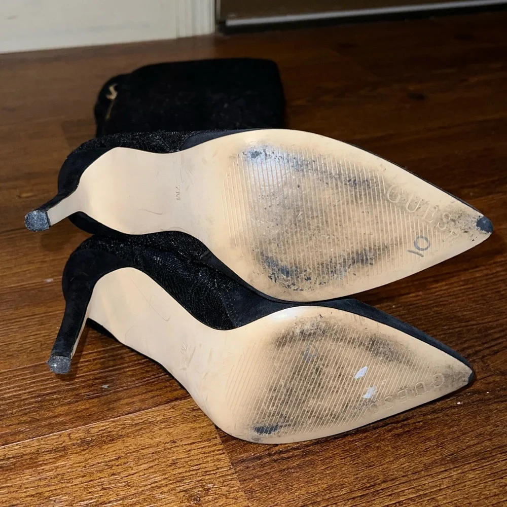 Guess Black Lace Textured Over Knee High Stiletto Heel Zip Up Boots Size 7